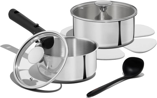 CAROTE 8 PCS Stainless steel Saucepan Set,Induction Available Stainless Steel Pans Set, Fully-clad 3-ply stainless steel base,Tempered Glass Lids,Even heating,Dishwasher Safe
