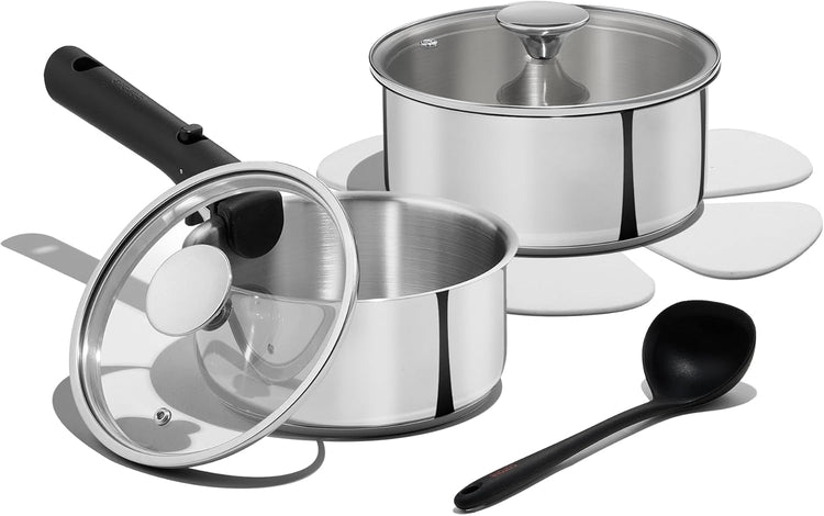 CAROTE 8 PCS Stainless steel Saucepan Set,Induction Available Stainless Steel Pans Set, Fully-clad 3-ply stainless steel base,Tempered Glass Lids,Even heating,Dishwasher Safe