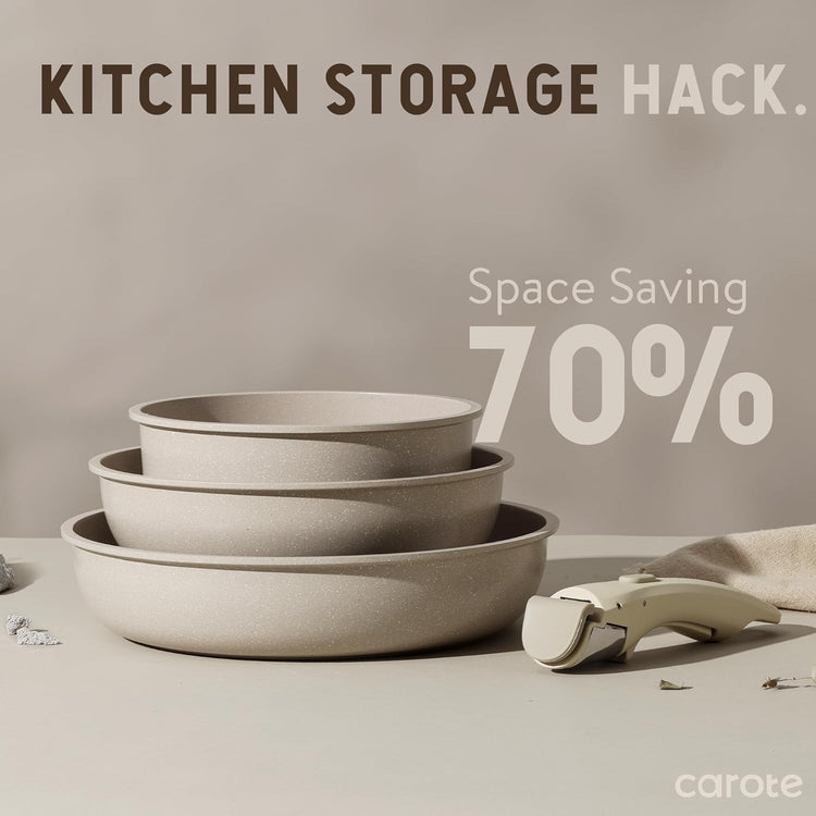CAROTE 15-Piece Nonstick Cookware Set with Detachable Handles - Classic Taupe