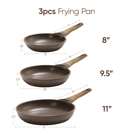 Carote 3-Piece Nonstick Frying Pan Set, 8", 9.5" & 11" Granite Skillets, Induction Cookware Essentials