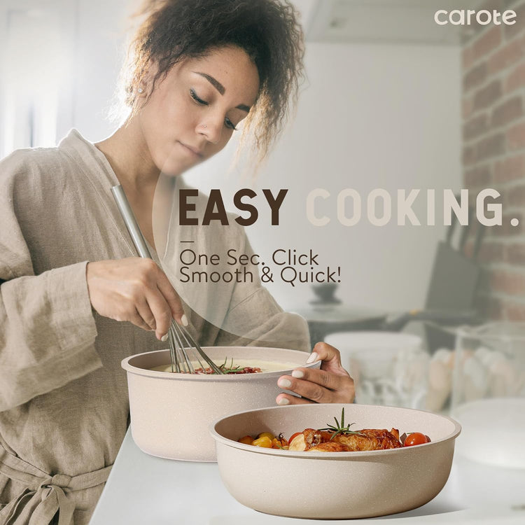 CAROTE 15-Piece Nonstick Cookware Set with Detachable Handles - Classic Taupe