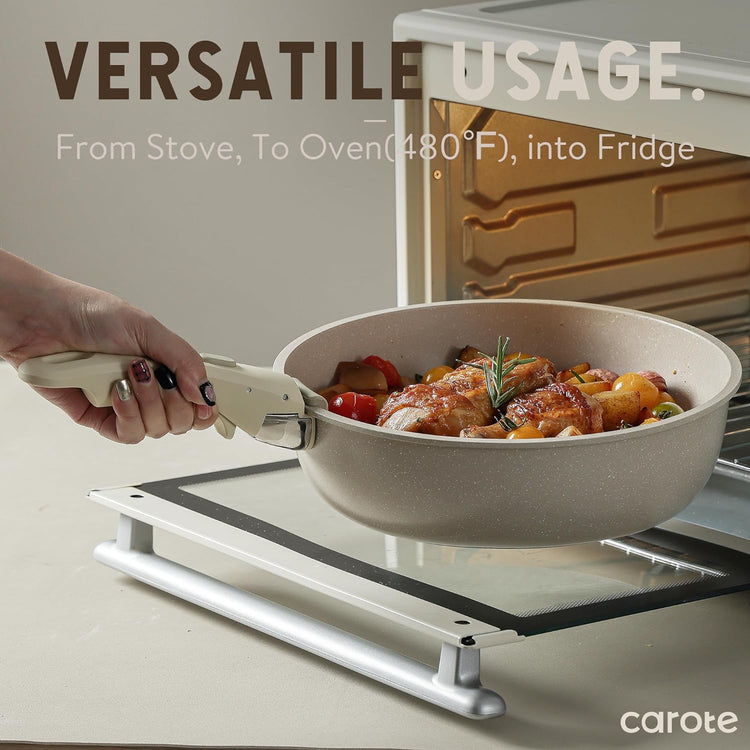 CAROTE 15-Piece Nonstick Cookware Set with Detachable Handles - Classic Taupe