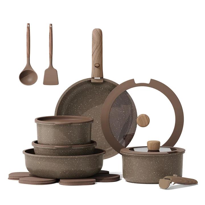 CAROTE 17PCS Pots and Pans Set Non Stick with Detachable Handle, Nonstick Cookware Sets, Cooking Kitchen Set, Oven/Dishwasher Safe, Induction Cookware, Brown, RV Kitchen Pot and Pan