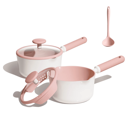 Carote 2.5QT & 3QT Ceramic Nonstick Saucepan Set with Lids, Small Cooking Pot, Induction Compatible, Pink