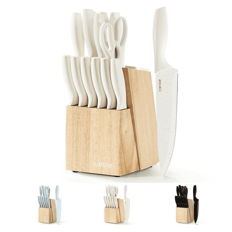 Carote 15-Piece Premium Kitchen Knife Set, White Ceramic-Coated Blades with Stylish Wooden Block