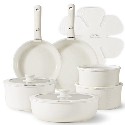 Carote Nonstick Cookware Sets, 17 Pcs Non Stick Pots and Pans Set with Removable Handle, White