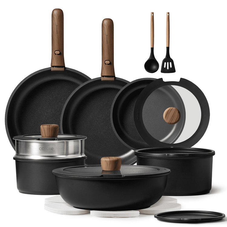 Carote 21 Pieces Nonstick Cookware Set, Pots and Pans Set with Detachable Handles, Oven/Dishwasher Safe, Stackable Kitchen Cooking Set, Black