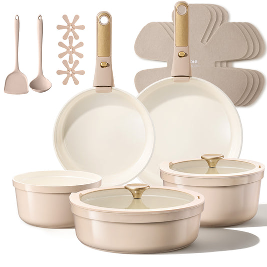 CAROTE 18 Pcs Ceramic Cookware Set Titanium Nonstick with Detachable Handles, Non Toxic Cookware, Pots and Pans Set Non Stick Removable Handles, Induction Available, Kitchen Cooking, Dishwasher Safe