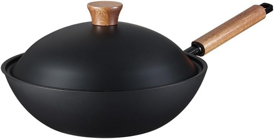 CAROTE 12" Carbon Steel Wok Pan, 4.5QT Woks & Stir-fry Pans, No Chemical Coated Pre-Seasoned Flat Bottom Wok with Lid for Stir Fry, BBQ, Grill & Camping, All Stovetop Compatible, Black