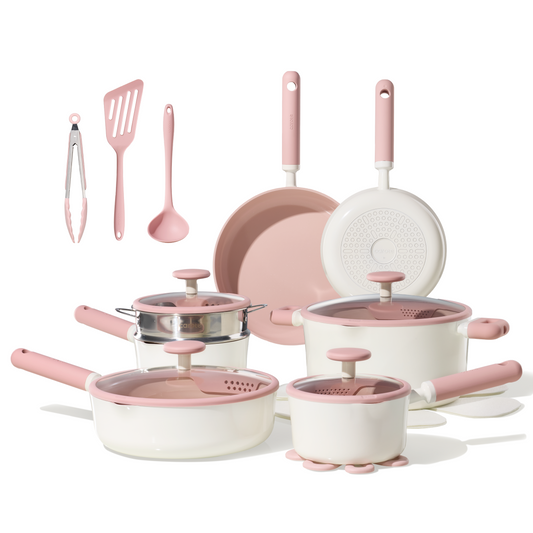 CAROTE Ceramic Cookware Set Nonstick, 21pcs Pots and Pans Set Nonstick, Non-Toxic & PFAS-Free, Dishwasher/Oven Safe, RV/Camping Cookware Set, Cooking Pots with Lids,Pink