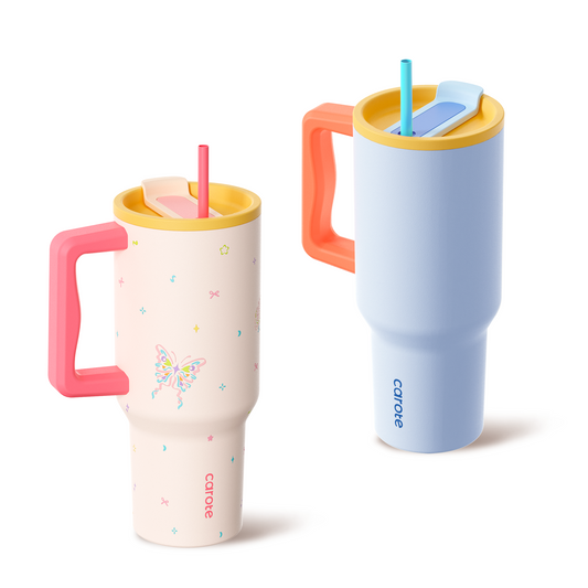 CAROTE 2-Pack Insulated Stainless Steel Water Bottles with Upgraded Leakproof Tech, Travel Coffee Tumplers with Straw, Water Bottle with Lid, Great for Travel, Sports & Daily Use, 34 oz Heart Paradise Straw Tumbler Set of Two (Blue/Pink)