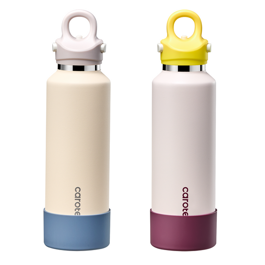 CAROTE 2-Pack Insulated Stainless Steel Water Bottles, One Click Open Tumblers with Removable Silicone Boot Sleeve, Leakproof and BPA Free, Great for Travel, 20 Oz, Blue and Purple