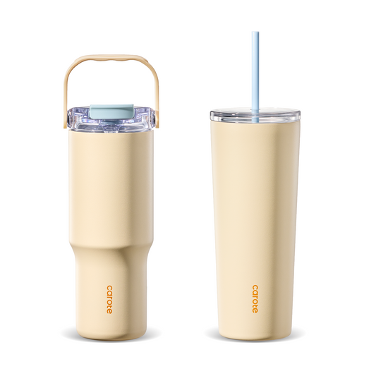 CAROTE 30 oz Insulated Water Bottle with Handle & 32 oz Insulated Tumblers with Straw,  Leak Proof Dual Drink Ports Lid, Double-Wall Stainless Steel Vacuum Insulated for Travel, School (Yellow)