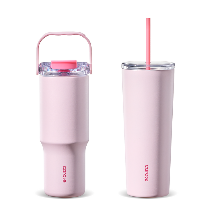 CAROTE 30 oz Insulated Water Bottle with Handle & 32 oz Insulated Tumblers with Straw, Leak Proof Dual Drink Ports Lid, Double-Wall Stainless Steel Vacuum Insulated for Travel, School (Pink)