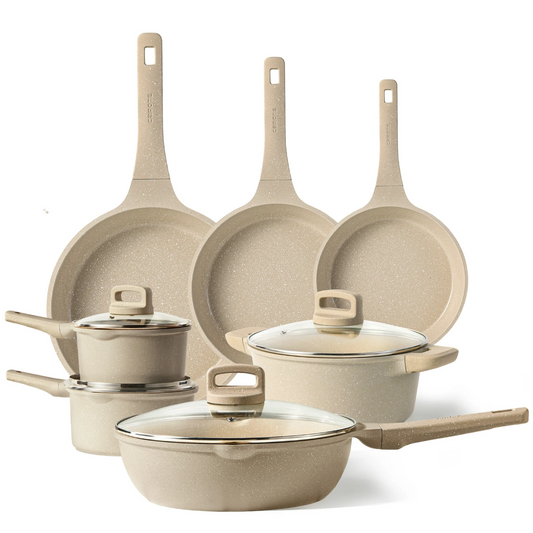 Carote 11-Piece Pots and Pans Set, Nonstick Cookware with Lids, Induction Compatible Kitchen Cooking Set, Taupe