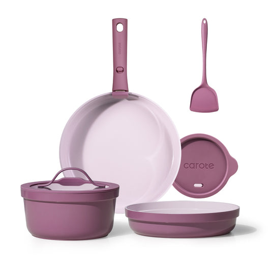 Carote 9 Pcs Nonstick Pans Set, Nonstick Skillets with Detachable Handle, Oven Safe, Induction Cookware, Stackable Kitchen Set, Purple