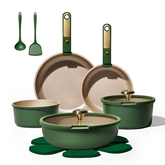 Carote 15 Pcs Ceramic Cookware Set, Non Stick Pots and Pans with Detachable Handles, Oven Safe, Induction Cookware, Stackable Kitchen Set, Green