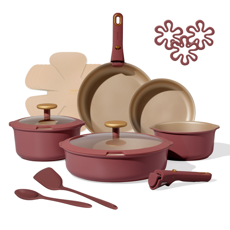 CAROTE 18Pcs Pots and Pans Set Non Stick, Cookware Set with Detachable Handle, Induction Kitchen Cookware Sets, PFOS, PFOA Free, RV Cookware Set, Oven Safe, Burgundy