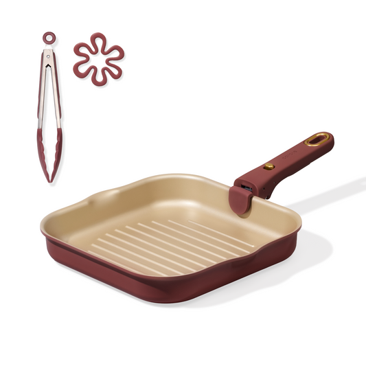 CAROTE 10 Inch Titanium Nonstick Reinforced Grill Pans for Steak, Non-Stick Grill Pans Sets with Detachable Handle, PFOS, PFOA Free, Gas & Induction Safe, All Stovetops Compatible, Burgundy