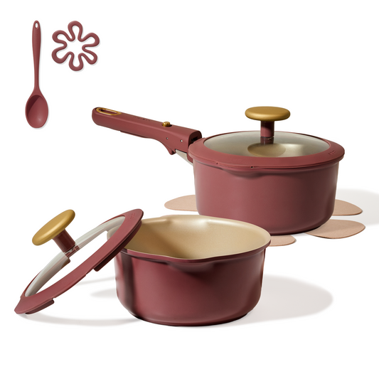 CAROTE 2.0Qt & 3.0Qt Titanium Nonstick Reinforced Sauce Pan Sets with Lid, Non-Stick Saucepans Cookware Set with Pour Spout with Detachable Handle, PFOS, PFOA Free, Induction Comptable, Burgundy