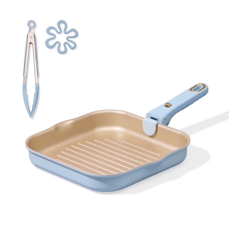 CAROTE 10 Inch Titanium Nonstick Reinforced Grill Pans for Steak, Non-Stick Grill Pans Sets with Detachable Handle, PFOS, PFOA Free, Gas & Induction Safe, All Stovetops Compatible, Blue