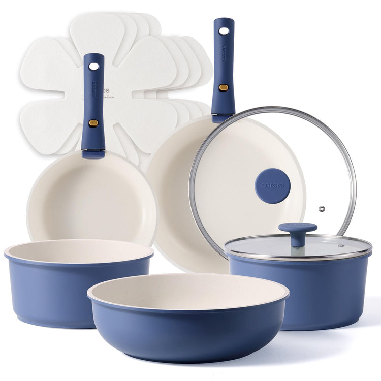 Carote 13 Pcs Nonstick Cookware Sets, Pots and Pans with Detachable Handles, Oven Safe, Stackable Kitchen Cooking Set, Induction Cookware, Navy Blue