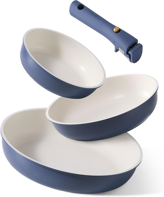 CAROTE Non Stick Frying Pans, 8"+10"+12” Frying Pan Egg Pan Omelet Pans with Detachable Handle, Stone Non Toxic Cookware, PFOA Free, Induction Compatible & Oven Safe, Dishwasher Safe, Blue