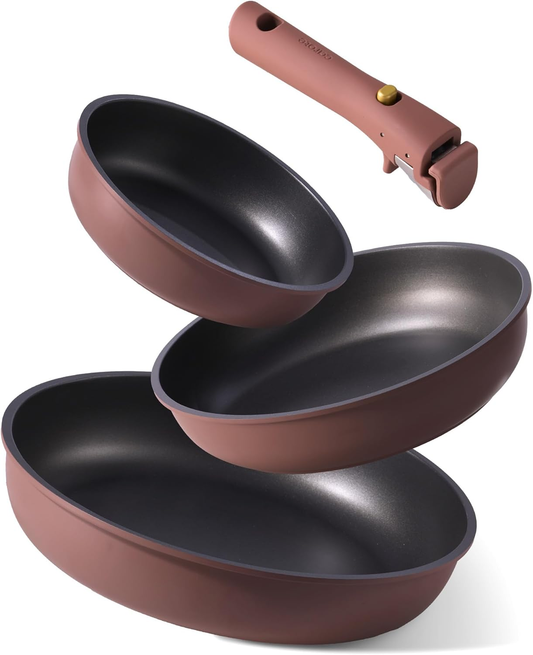 CAROTE Non Stick Frying Pans, 8"+10"+12” Frying Pan Egg Pan Omelet Pans with Detachable Handle, Stone Non Toxic Cookware, PFOA Free, Induction Compatible & Oven Safe, Dishwasher Safe, Red