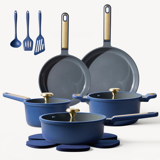 CAROTE Ceramic Cookwar Set, Pots and Pan Set Non Stick 16 Piece, Cookware Set Kitchen Cooking Set Non Toxic, PFAS PTFE Free, Blue