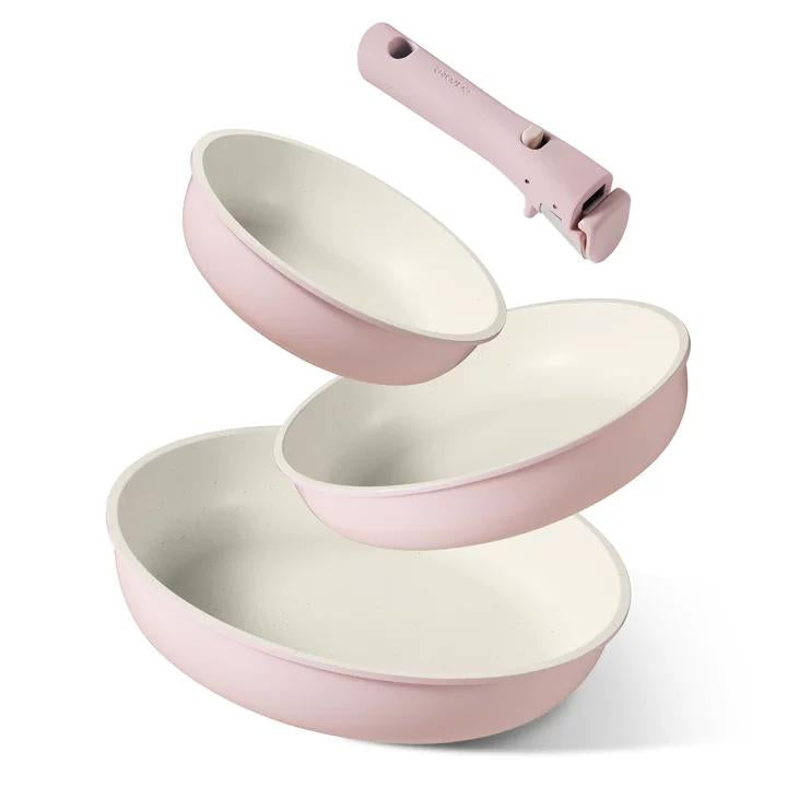 Carote 4 Pcs Nonstick Cookware Sets, Pots and Pans Set with Detachable Handles, Oven Safe, Induction Cookware, Stackable Kitchen Cooking Set, Pink