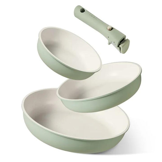 Carote 4 Pcs Nonstick Cookware Sets, Pots and Pans Set with Detachable Handles, Oven Safe, Induction Cookware, Stackable Kitchen Cooking Set, Green