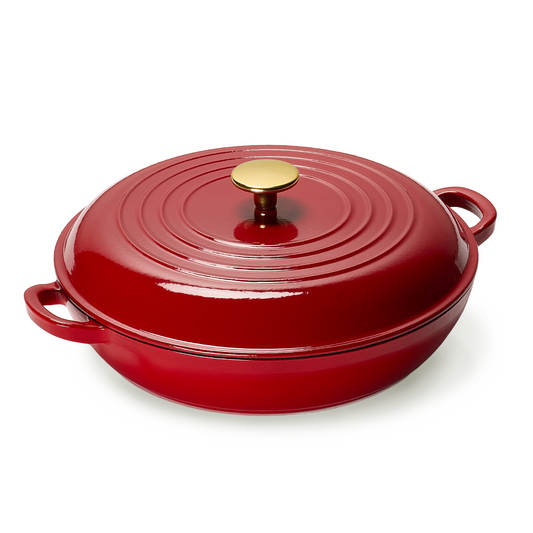 CAROTE 3.5QT Enameled Cast Iron Braiser Pan, Shallow Dutch Oven Casserole Skillets, Non-Toxic Cast Iron Pot with Lid for Grilling, Searing, Baking, Dual Handles, All Stovetop Compatible, Red