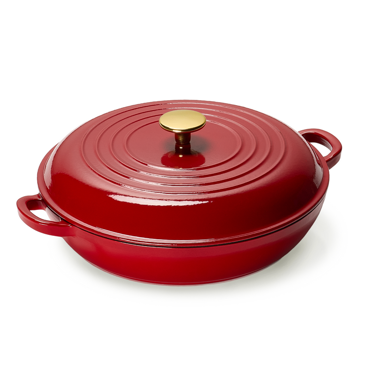 CAROTE 3.5QT Enameled Cast Iron Braiser Pan, Shallow Dutch Oven Casserole Skillets, Non-Toxic Cast Iron Pot with Lid for Grilling, Searing, Baking, Dual Handles, All Stovetop Compatible, Red