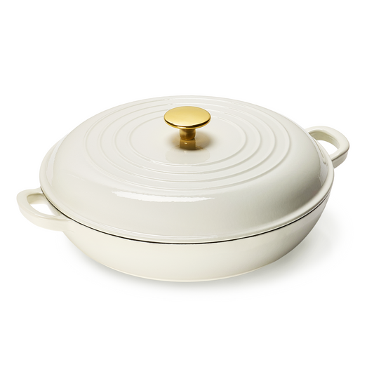 CAROTE 3.5QT Enameled Cast Iron Braiser Pan, Shallow Dutch Oven Casserole Skillets, Non-Toxic Cast Iron Pot with Lid for Grilling, Searing, Baking, Dual Handles, All Stovetop Compatible, White