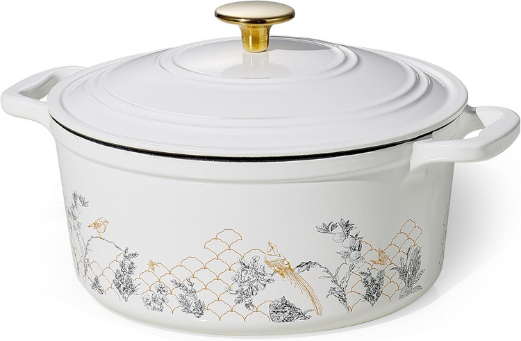CAROTE Cast Iron Dutch Oven Pot with Lid, 5 QT Enameled Floral Dutch Ovens with Gift Box, Cast Iron Pot for Sourdough Bread Baking, Braising, Stews, Roasting, Dual Handles, All Stovetop Compatible, Oven Safe, White