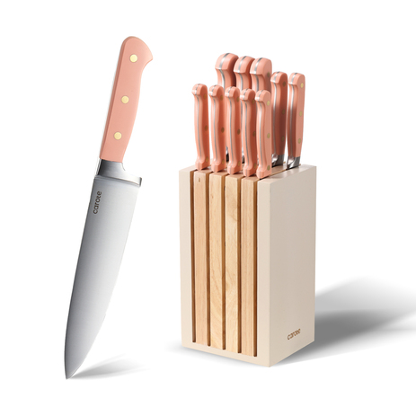 CAROTE 11PCS Knife Set with Block for kitchen, Stainless Steel Razor-Sharp Blade, Triple Riveted Ergonomic Handle,Essential Knife Set, Pink