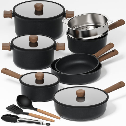 CAROTE 15Pcs Nonstick Kitchen Titanium Cookware Sets, Non stick Pots and Pans set, Induction Cookware Set Black