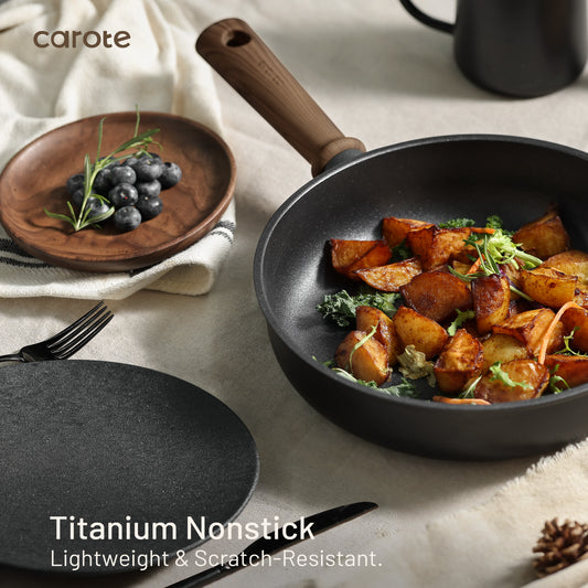 CAROTE 24Pcs Nonstick Kitchen Titanium Cookware Sets, Non stick Pots and Pans set, Induction Cookware Set Black