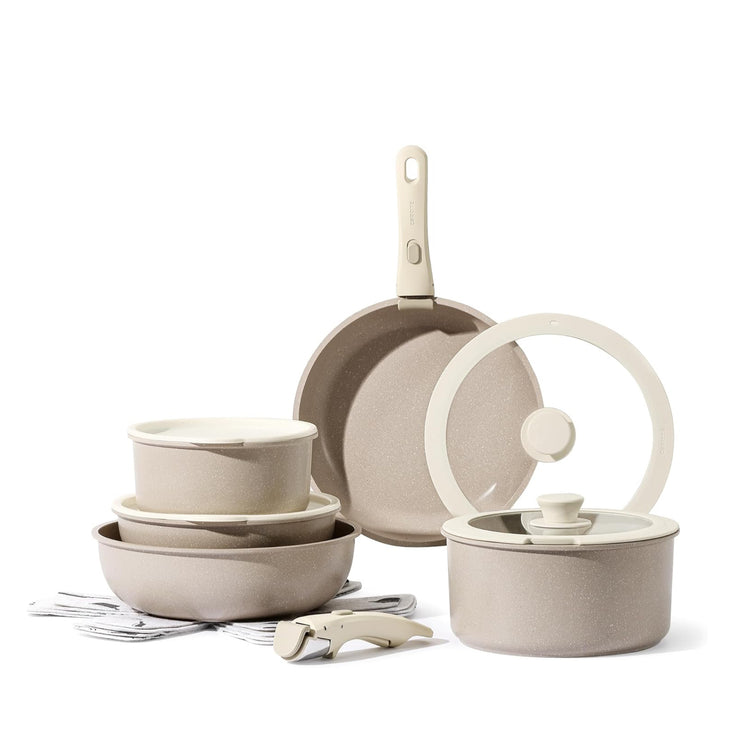 CAROTE 15-Piece Nonstick Cookware Set with Detachable Handles - Classic Taupe
