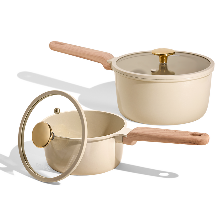 Carote 1.6QT & 3QT Ceramic Nonstick Saucepan Set with Lids, Small Cooking Pot, Induction Compatible, Oatmeal