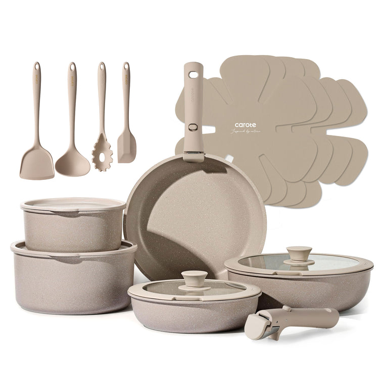 CAROTE 19pcs Pots and Pans Set Non Stick, Nonstick Cookware Set Detachable Handle, Induction Kitchen Cooking Sets with Removable Handle, RV Kitchen, Oven Safe, Taupe