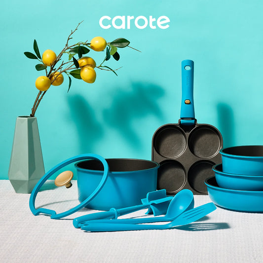 CAROTE 21pcs Pots and Pans Set, Nonstick Cookware Set Detachable Handle, Induction Kitchen Cookware Sets Non Stick with Removable Handle, RV Cookware Set, Peacock Blue