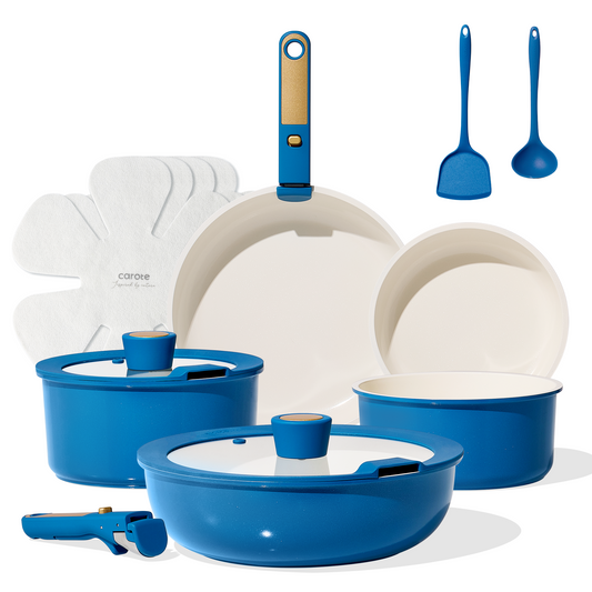 CAROTE 15Pcs Ceramic Cookware Set, Pots and Pans Set Non stick, Non Toxic Cookware Detachable Handle, Induction Cookware, Dishwasher/Oven Safe, RV/Camping, PFAS Free, Blue&Gold