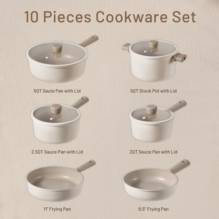 CAROTE 10pcs Pots and Pans Set Non Stick, Nonstick Kitchen Cookware Sets, Induction Kitchen Cookware Sets, Beige and Taupe