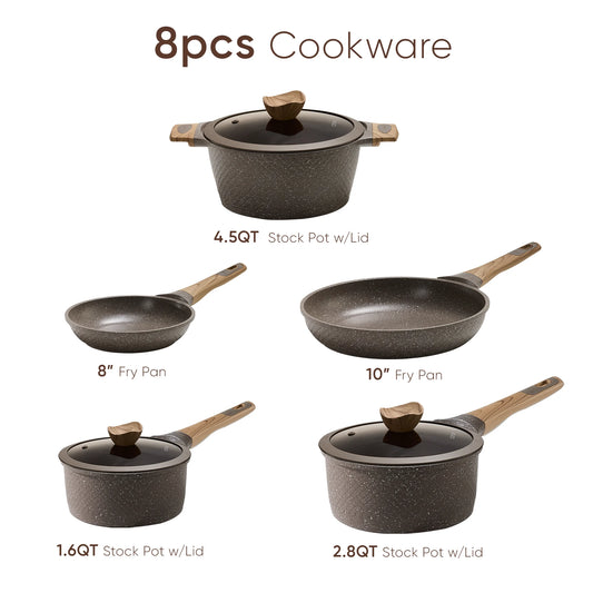Carote Nonstick Granite Cookware Sets, 8Pcs Brown Pots and Pans, Induction Kitchen Cooking Set
