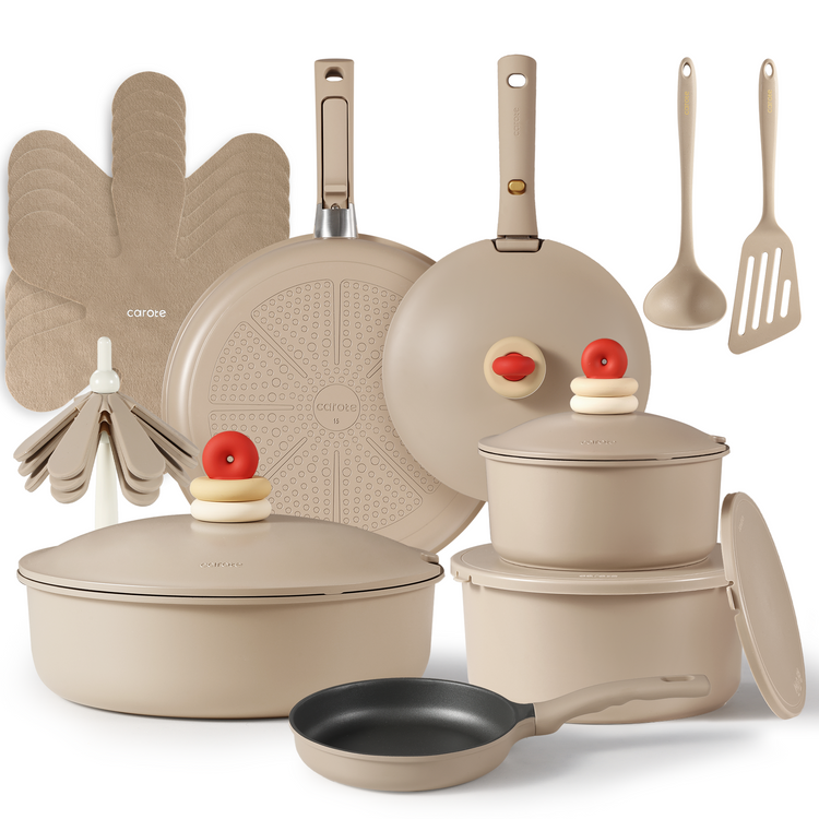 CAROTE 24pcs Nonstick Cookware Set Die Cast,Detachable Handle Pots and Pans Set