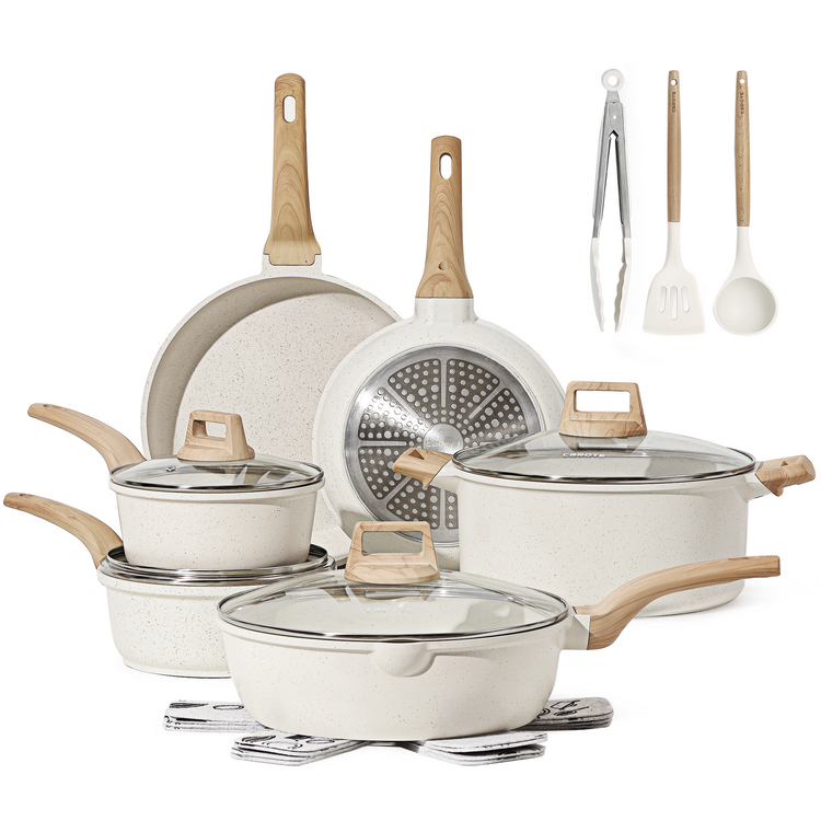 Carote Nonstick Pots and Pans Set, 17 Pcs Granite Stone Kitchen Cookware Sets (White)