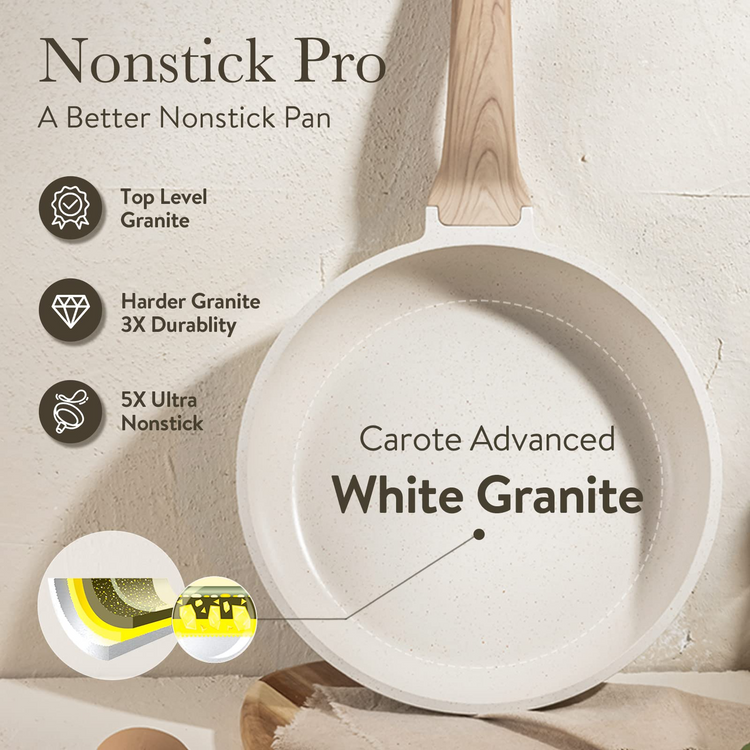 Carote Nonstick Pots and Pans Set, 17 Pcs Granite Stone Kitchen Cookware Sets (White)