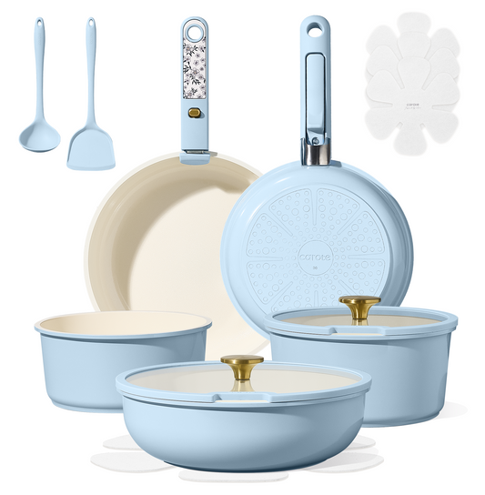 CAROTE 15Pcs Ceramic Cookware Set, Pots and Pans Set Non Stick, Kitchen Cooking Set with Detachable Handle, Non Toxic Induction Cookware, Dishwasher/Oven Safe