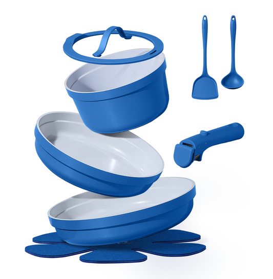 CAROTE 9pcs Pots and Pans Set,Ceramic Cookware Sets Non Stick with Detachable Handle, Induction Kitchen Pots and Pans,RV Cooking Set, Oven/Dishwasher/Fridge Safe, Malta Blue